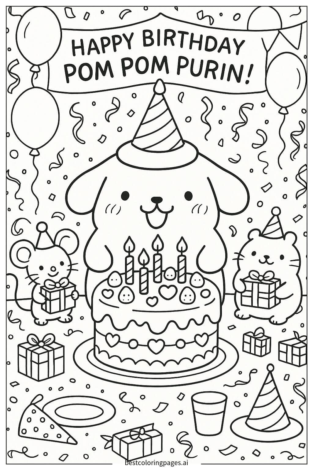 Pom Pom Purin's Birthday Celebration with Cake Coloring Page