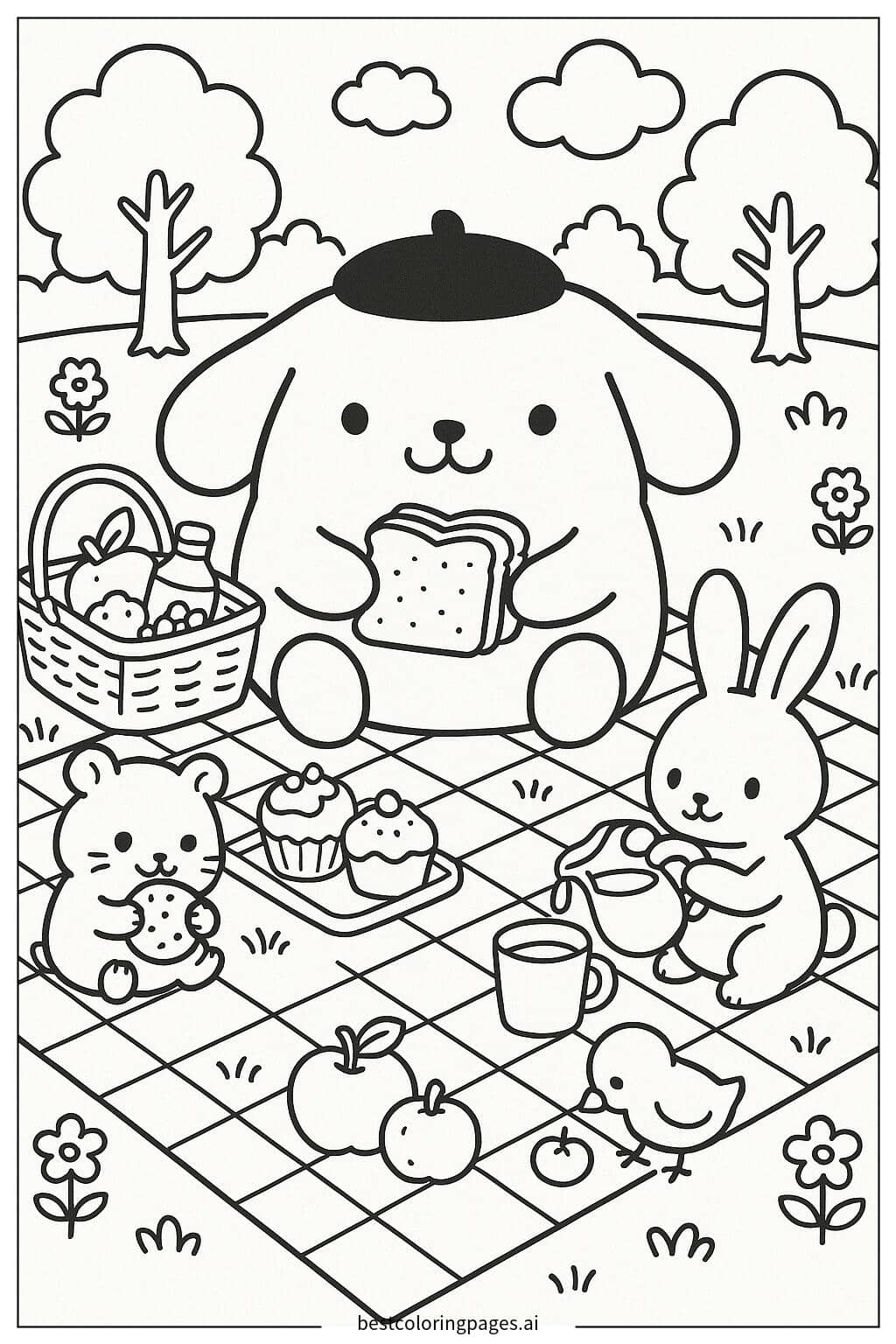 Pom Pom Purin Enjoying a Picnic with Friends Coloring Page