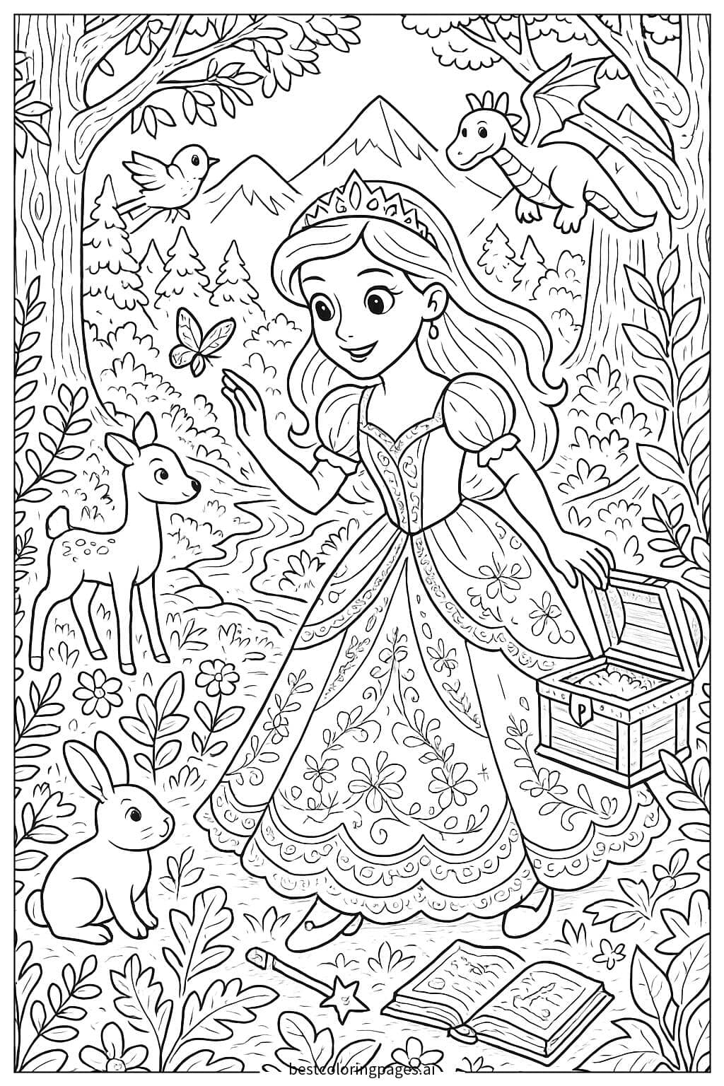 Princess Adventure in the Enchanted Forest Coloring Page