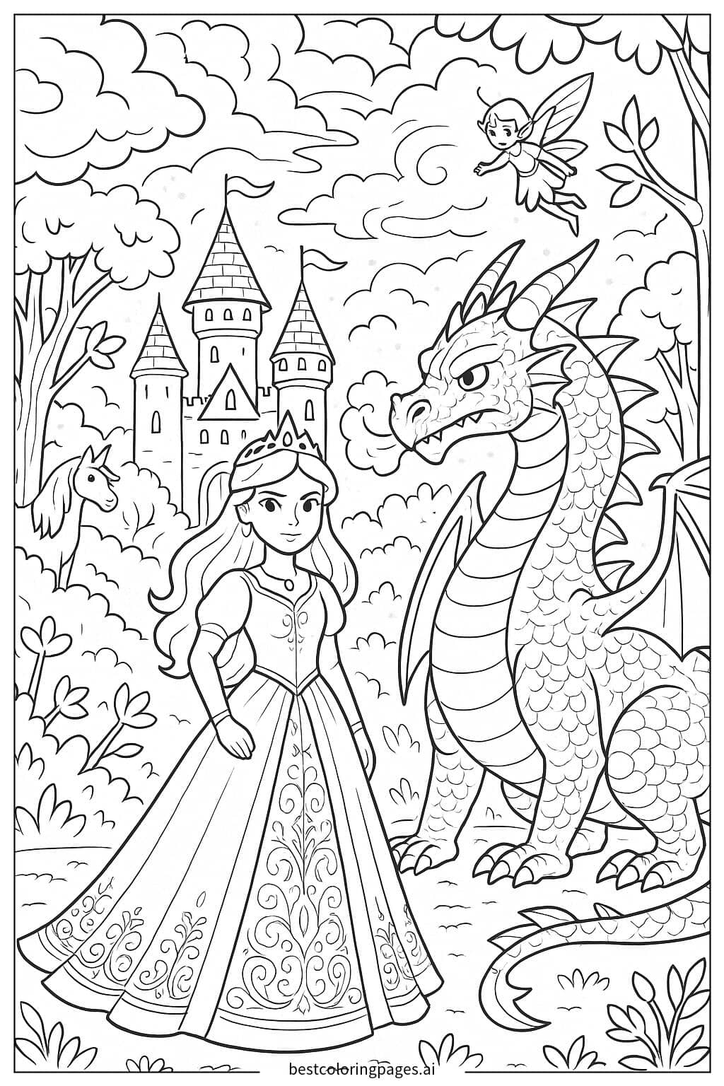 Princess Facing the Dragon Coloring Page