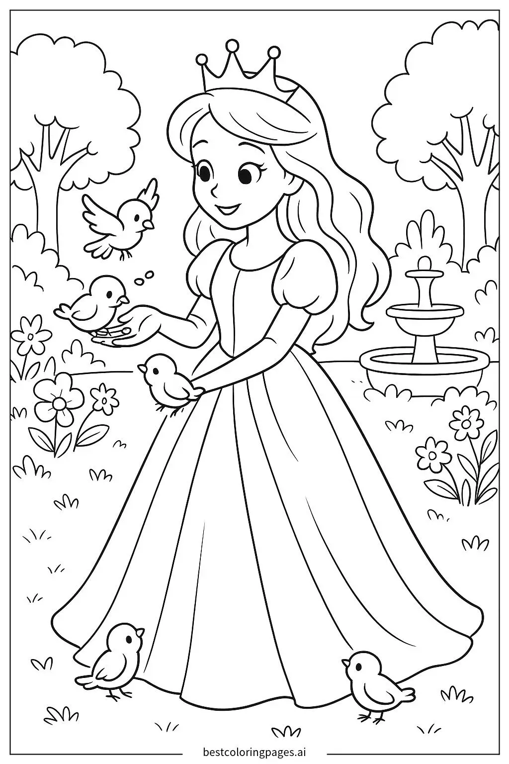 ภาพระบายสี เจ้าหญิงให้อาหารนกในสวนหลวง