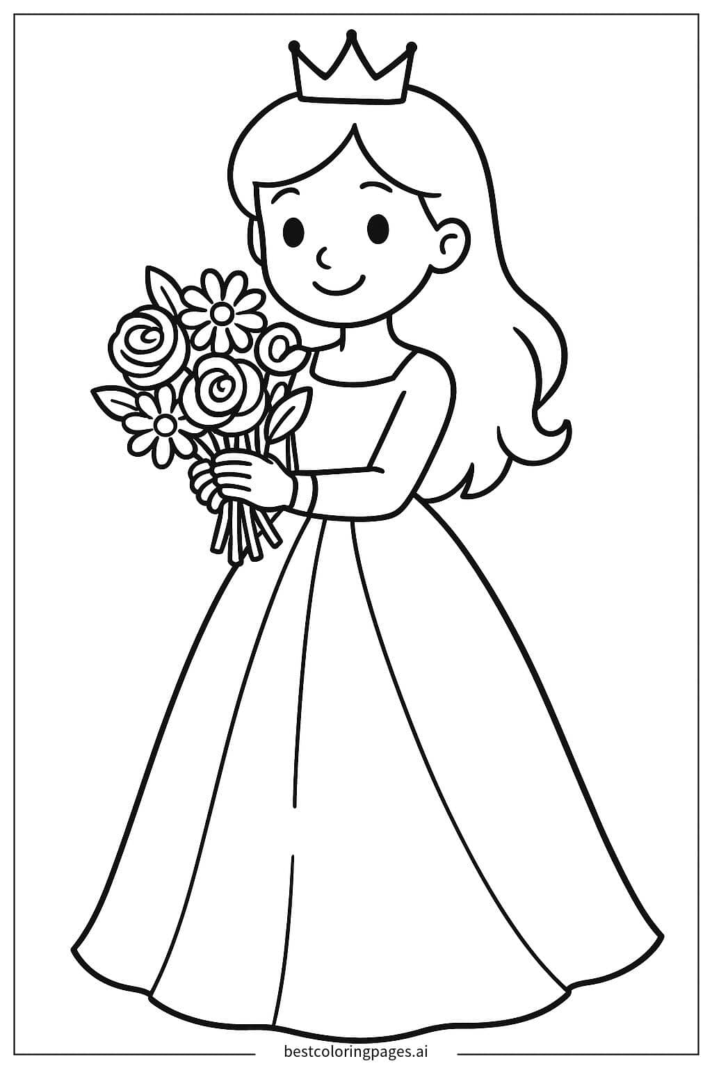 Princess Holding a Bouquet of Flowers Coloring Page