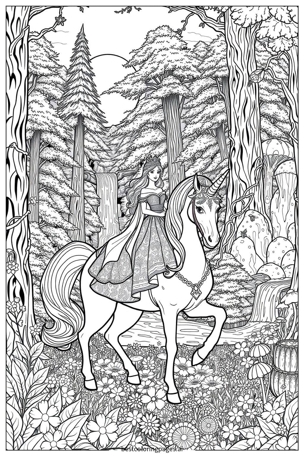Princess Riding a Unicorn in a Magical Forest Coloring Page