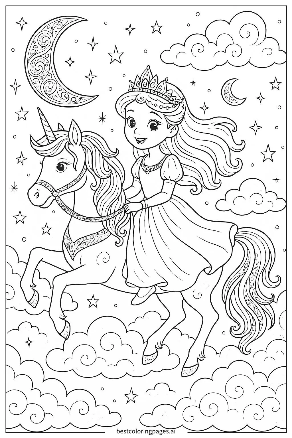 ภาพระบายสี เจ้าหญิงขี่ม้ายูนิคอร์นกลางหมู่เมฆ