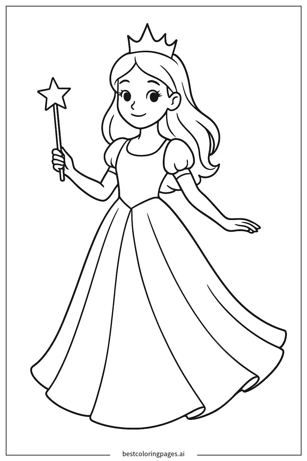 Princess Holding a Wand with a Crown Coloring Page