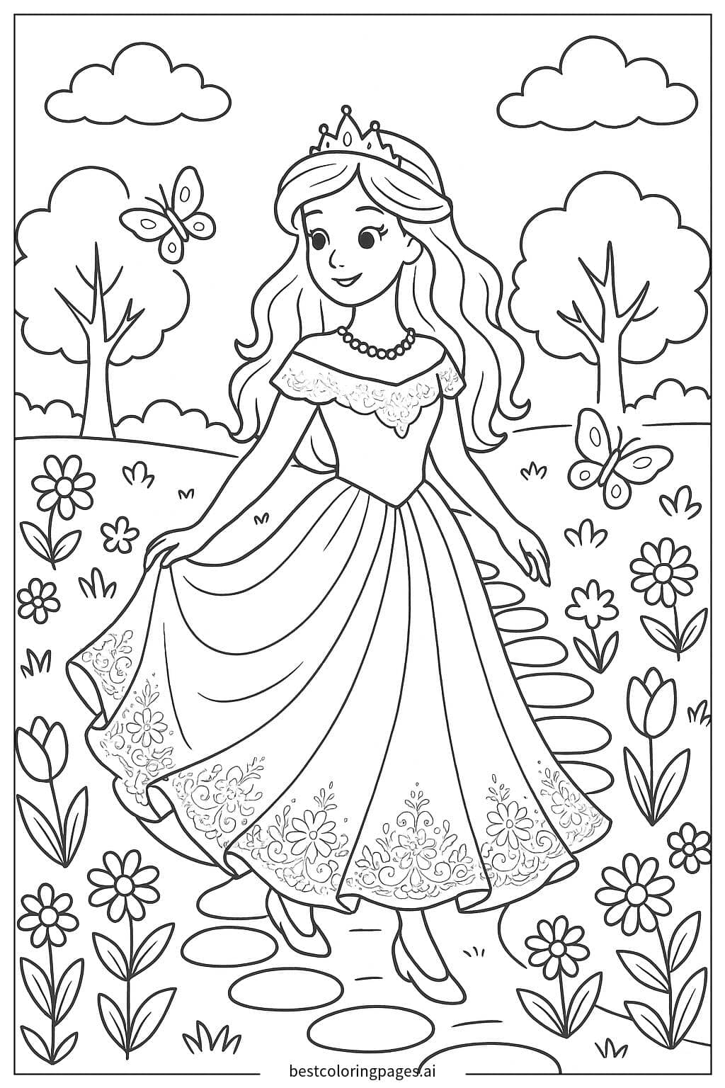 Charming Princess Strolling in a Garden Coloring Page