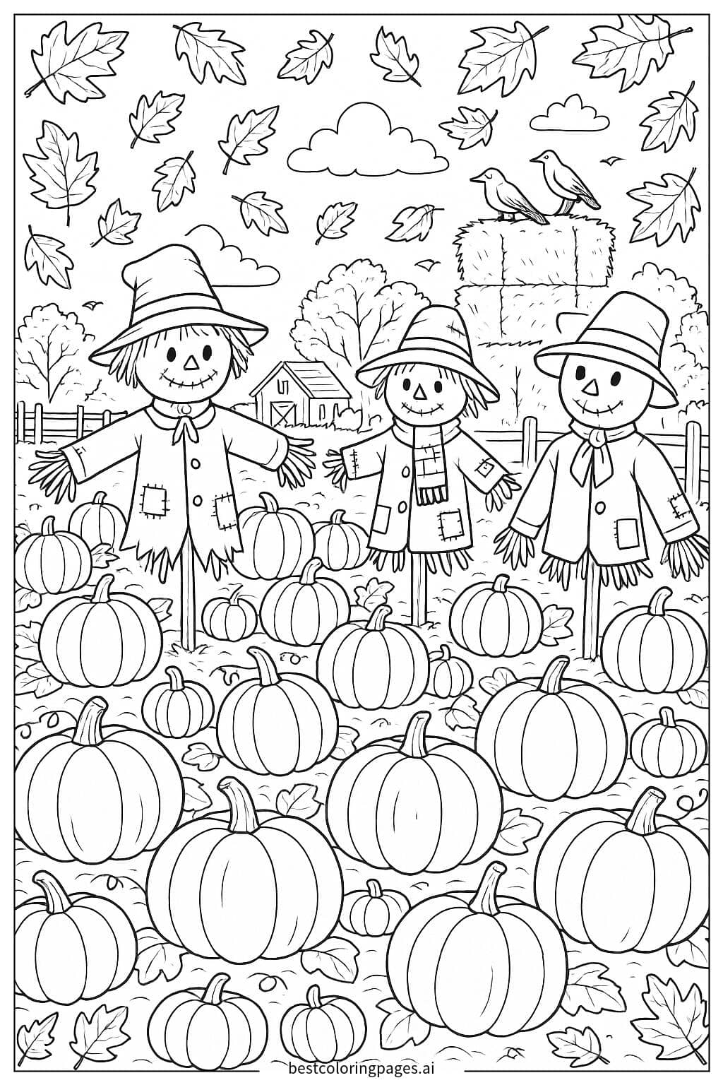 Desenhos de Campo de abóboras com espantalhos e fardos de feno para Colorir