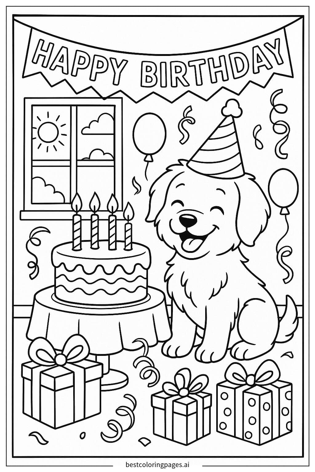Dibujos de Cachorro celebrando un cumpleaños con pastel para Colorear