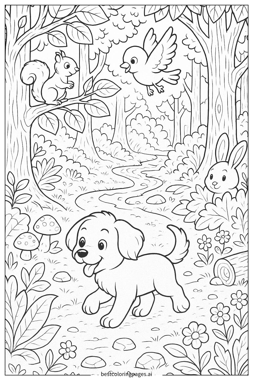 Cachorro explorando un bosque con amigos