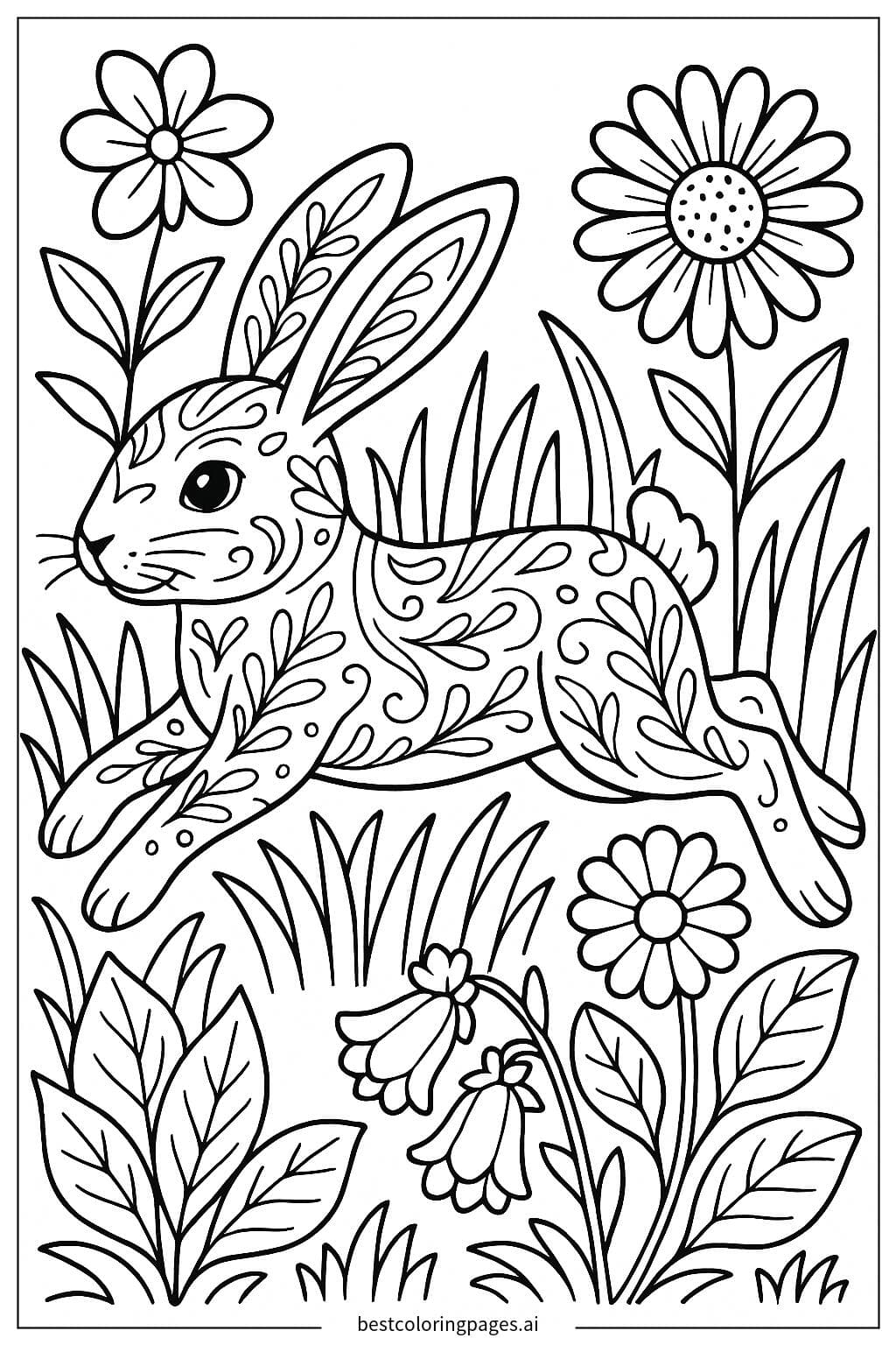 Lapin sautant à travers un jardin coloré