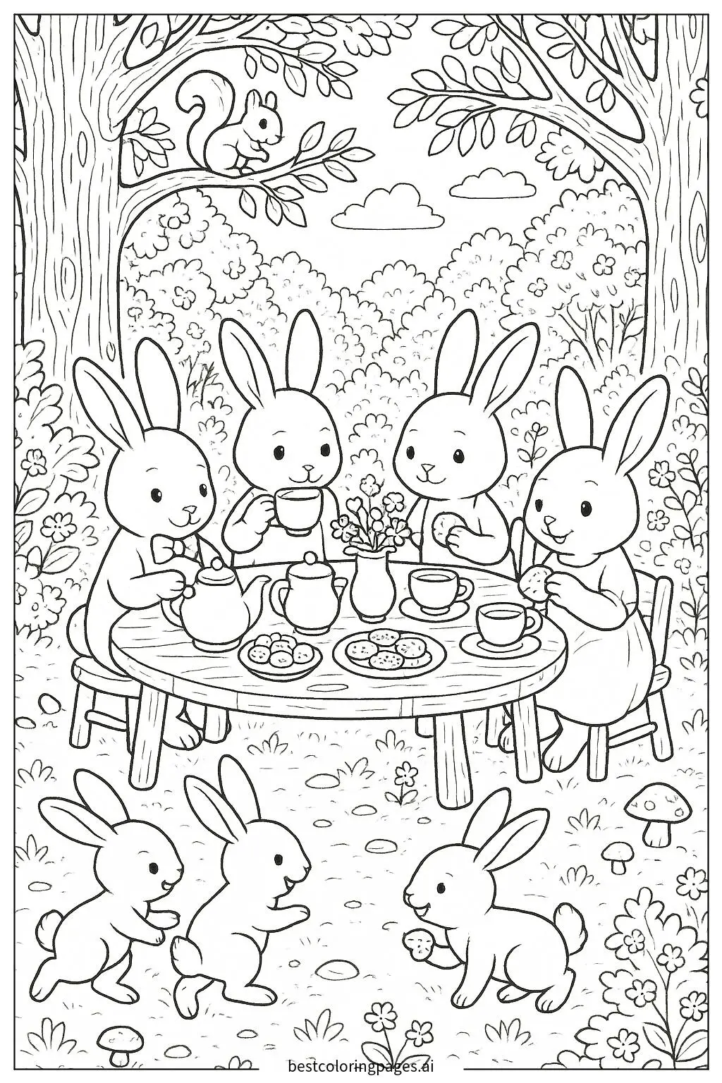 Rabbits Hosting a Tea Party in the Forest Coloring Page