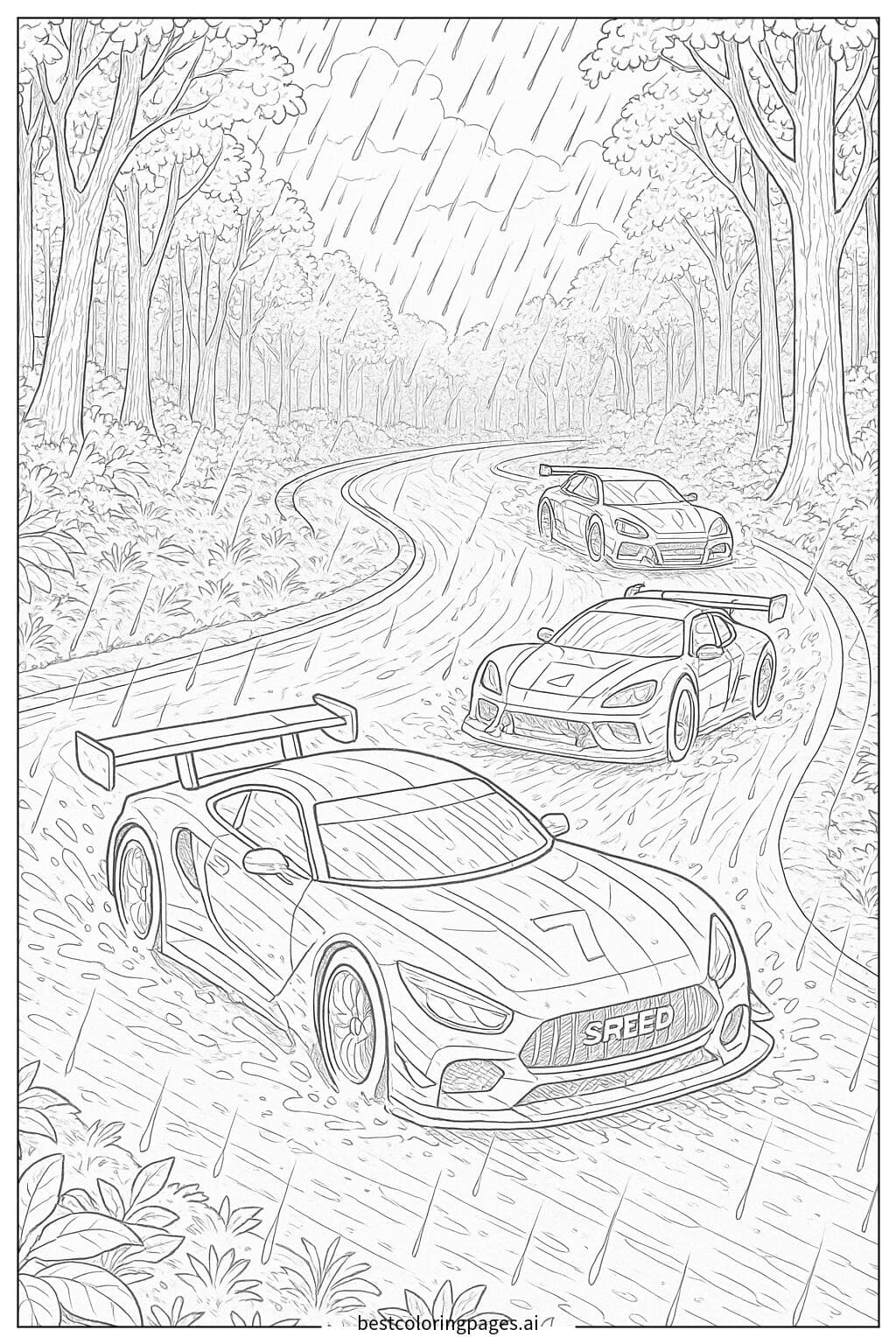 Race Cars Speeding Through a Rainy Forest