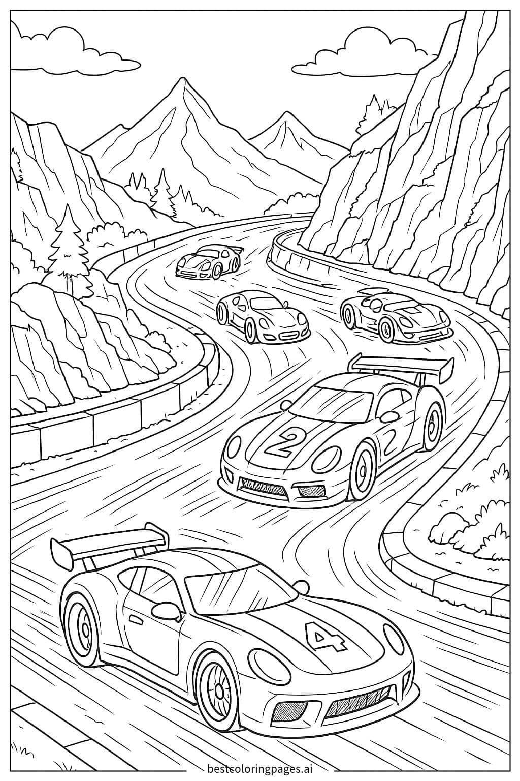 Exciting Race Cars on Mountain Track Coloring Page