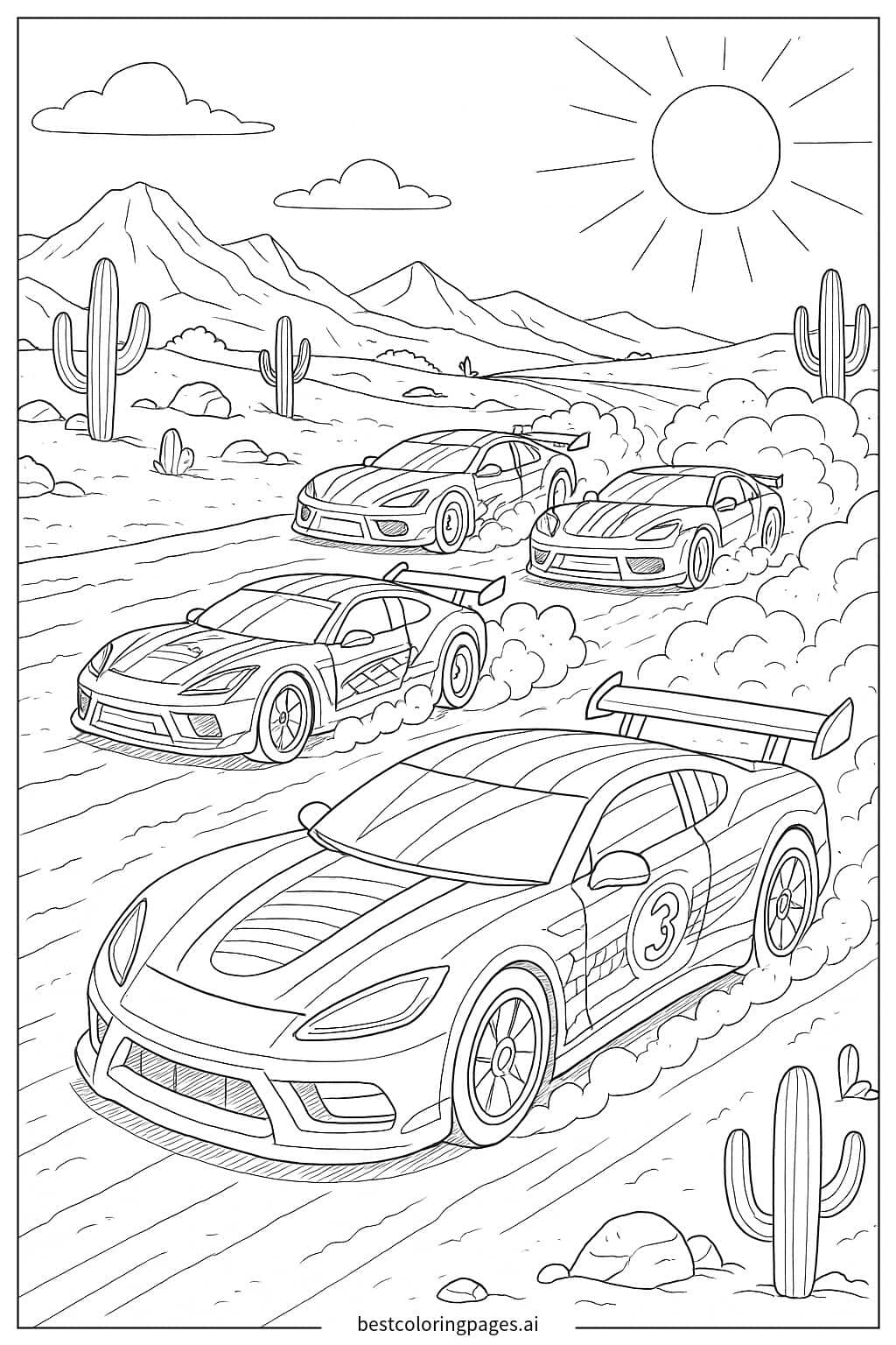 Speeding Race Cars Across Desert Tracks Coloring Page