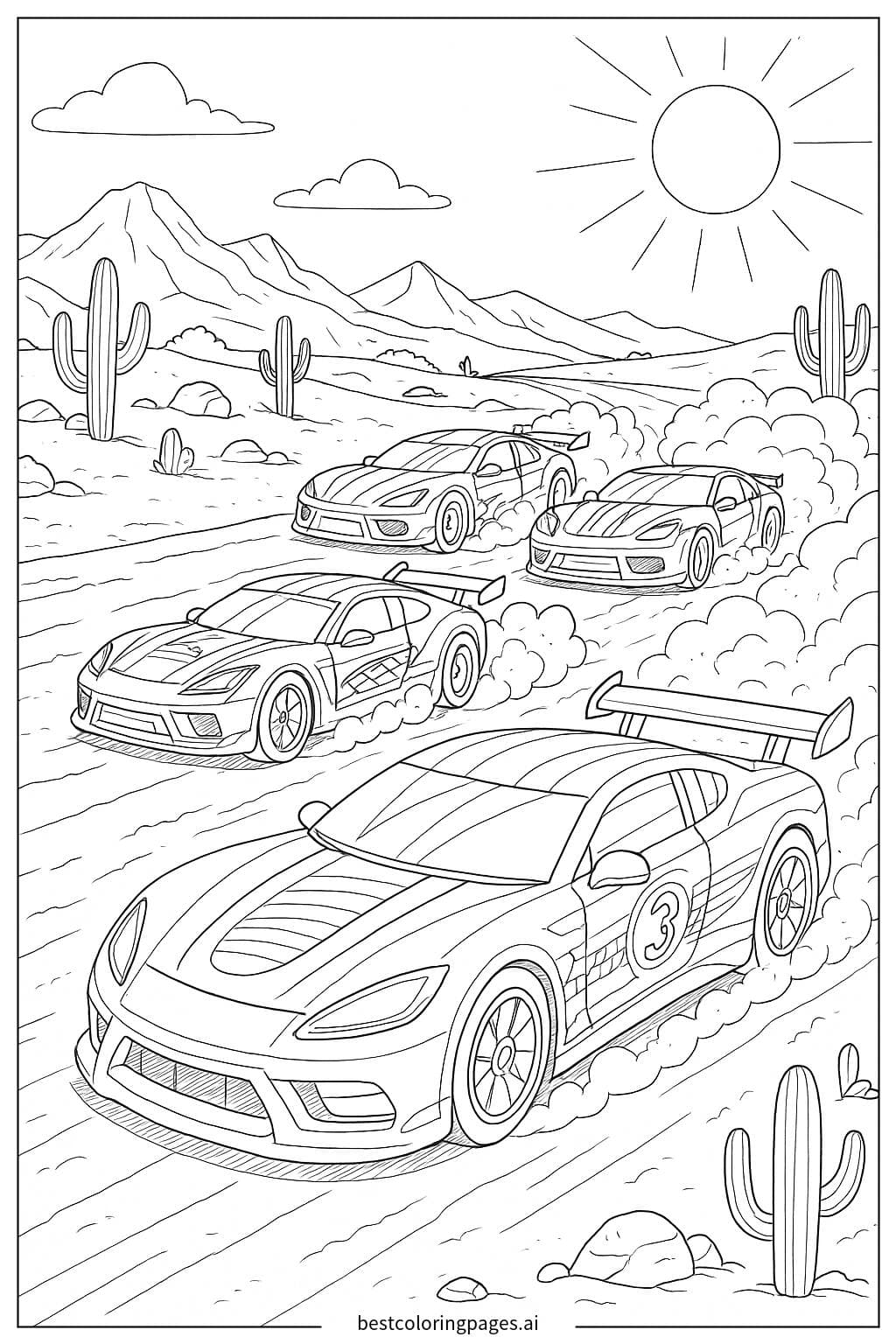 Speeding Race Cars Across Desert Tracks