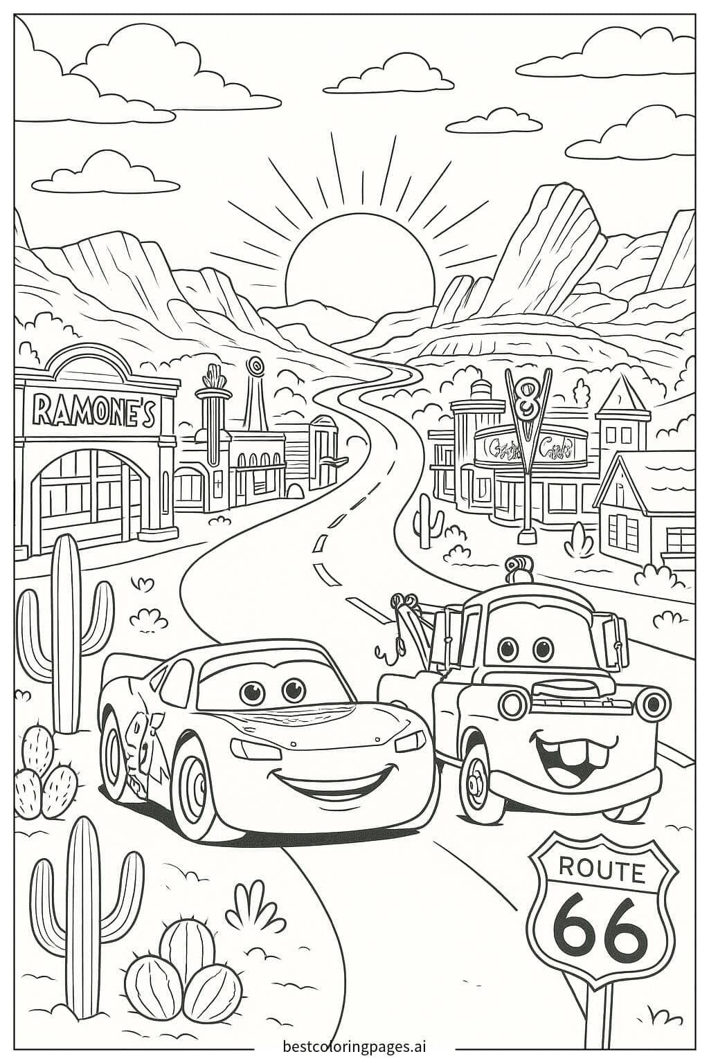 Radiator Springs at Sunset Coloring Page