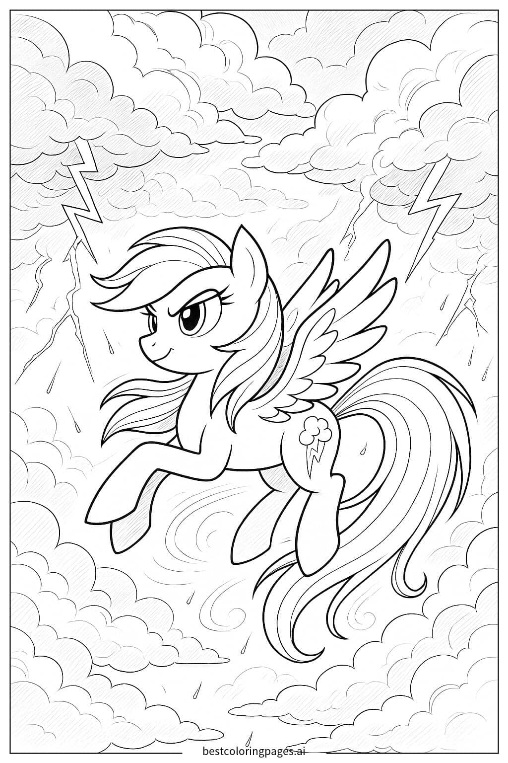 Rainbow Dash Soaring Through a Stormy Sky Coloring Page