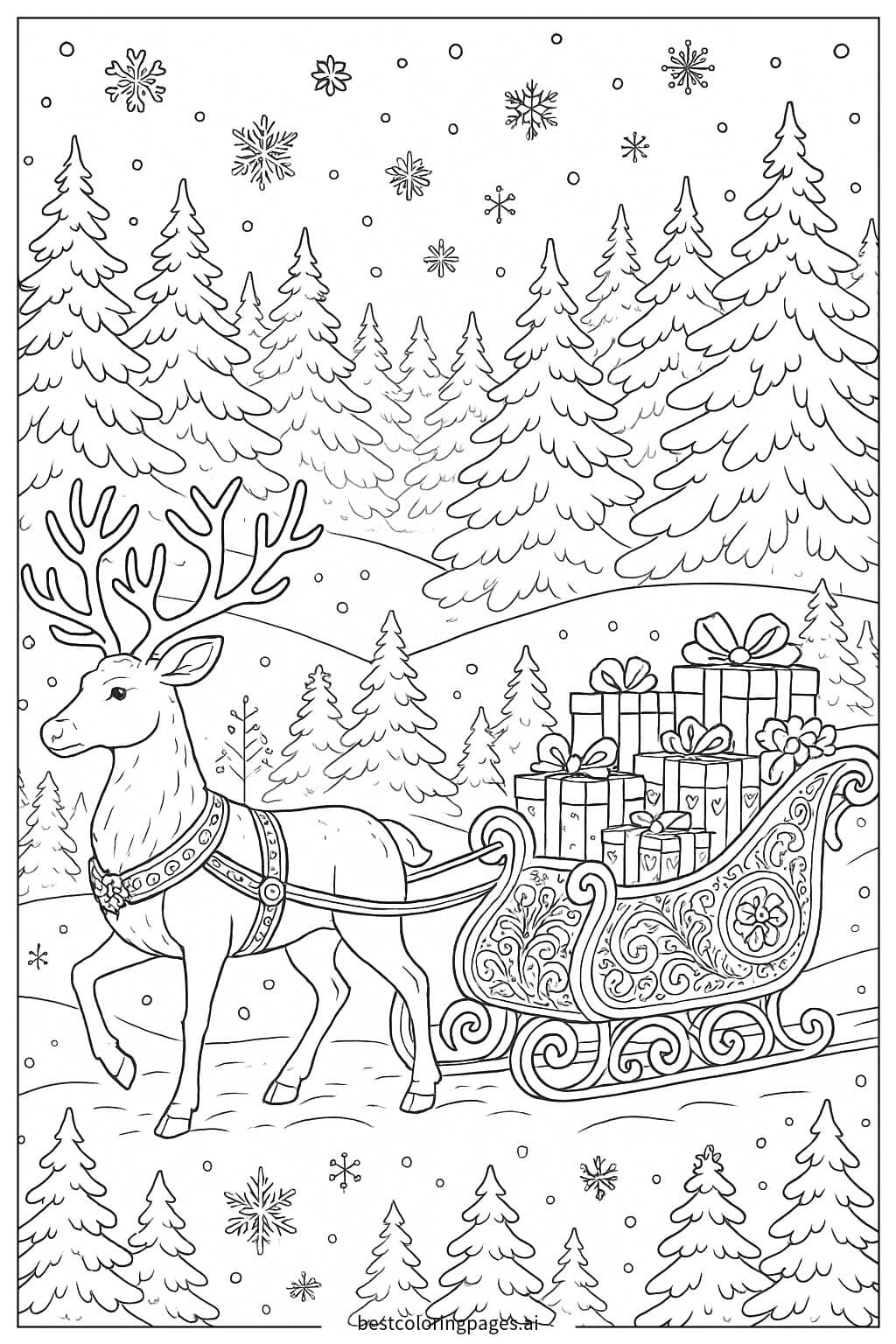 Coloriage Renne tirant un traîneau sur une forêt enneigée