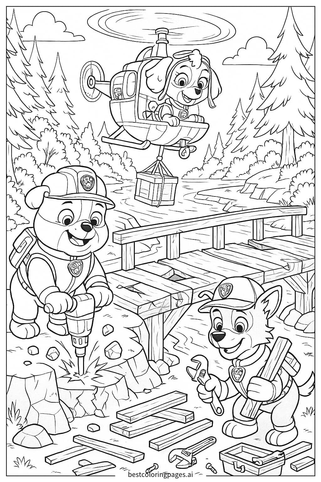 Rubble, Skye, and Rocky Fixing a Broken Bridge Coloring Page