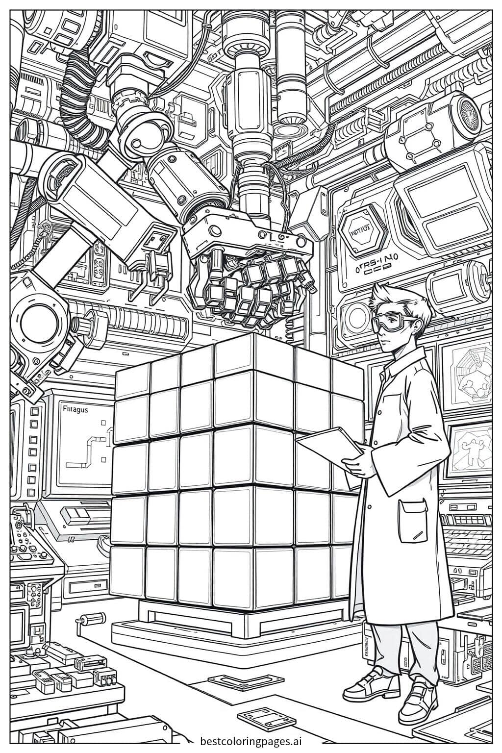 Rubik's Cube Solving in a Futuristic Laboratory Coloring Page