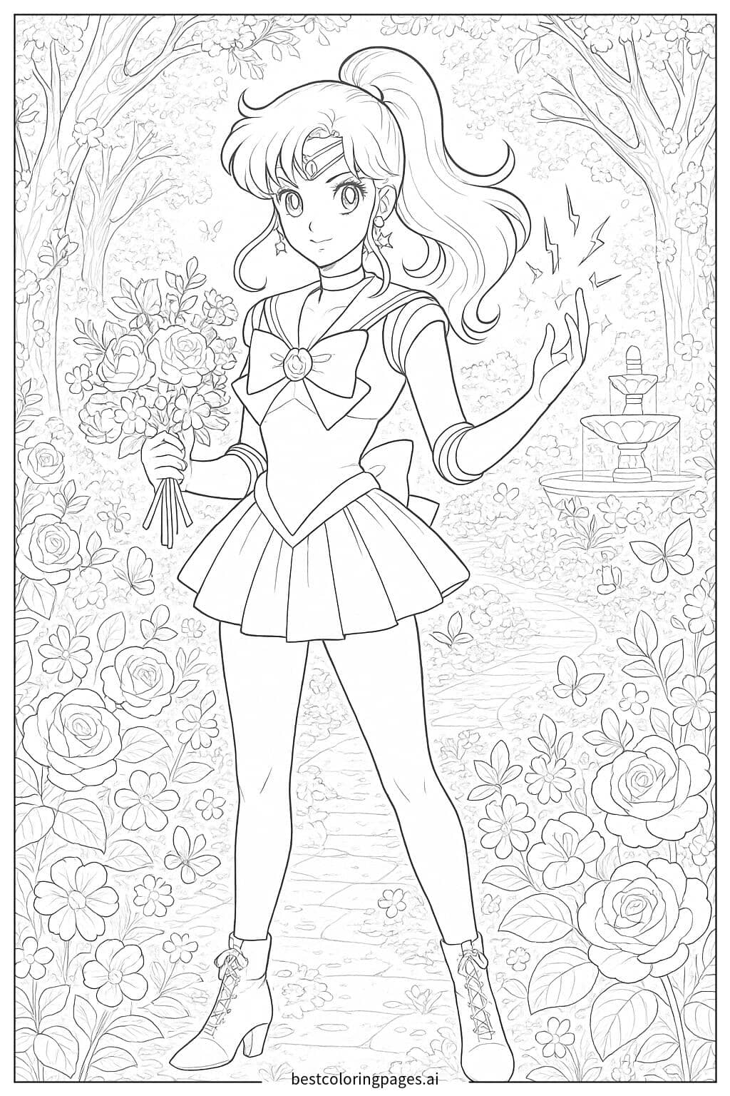 Sailor Jupiter in the Enchanted Garden Coloring Page
