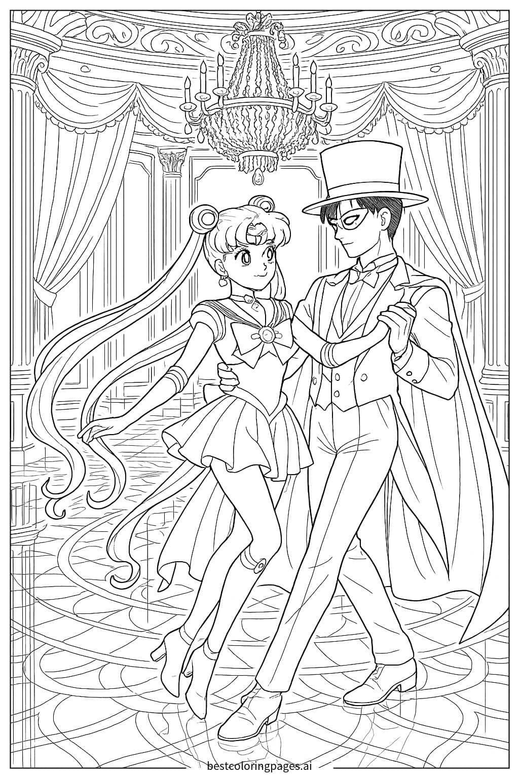 Sailor Moon and Tuxedo Mask Dancing Coloring Page