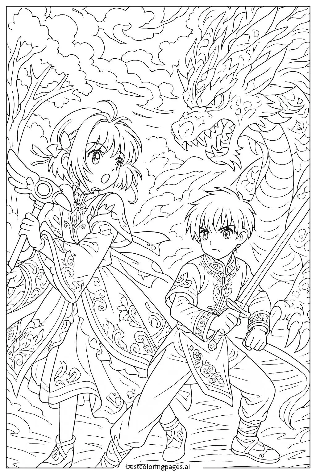 Sakura and Syaoran Battling a Magical Beast