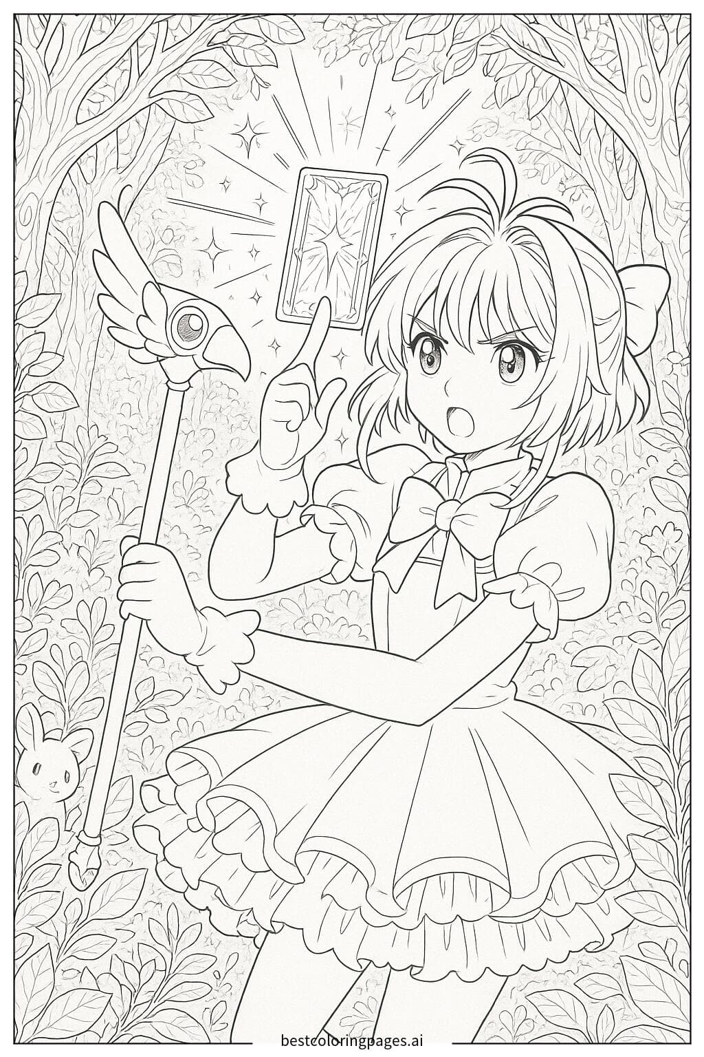 Sakura Capturing a Glowing Card in the Magical Forest