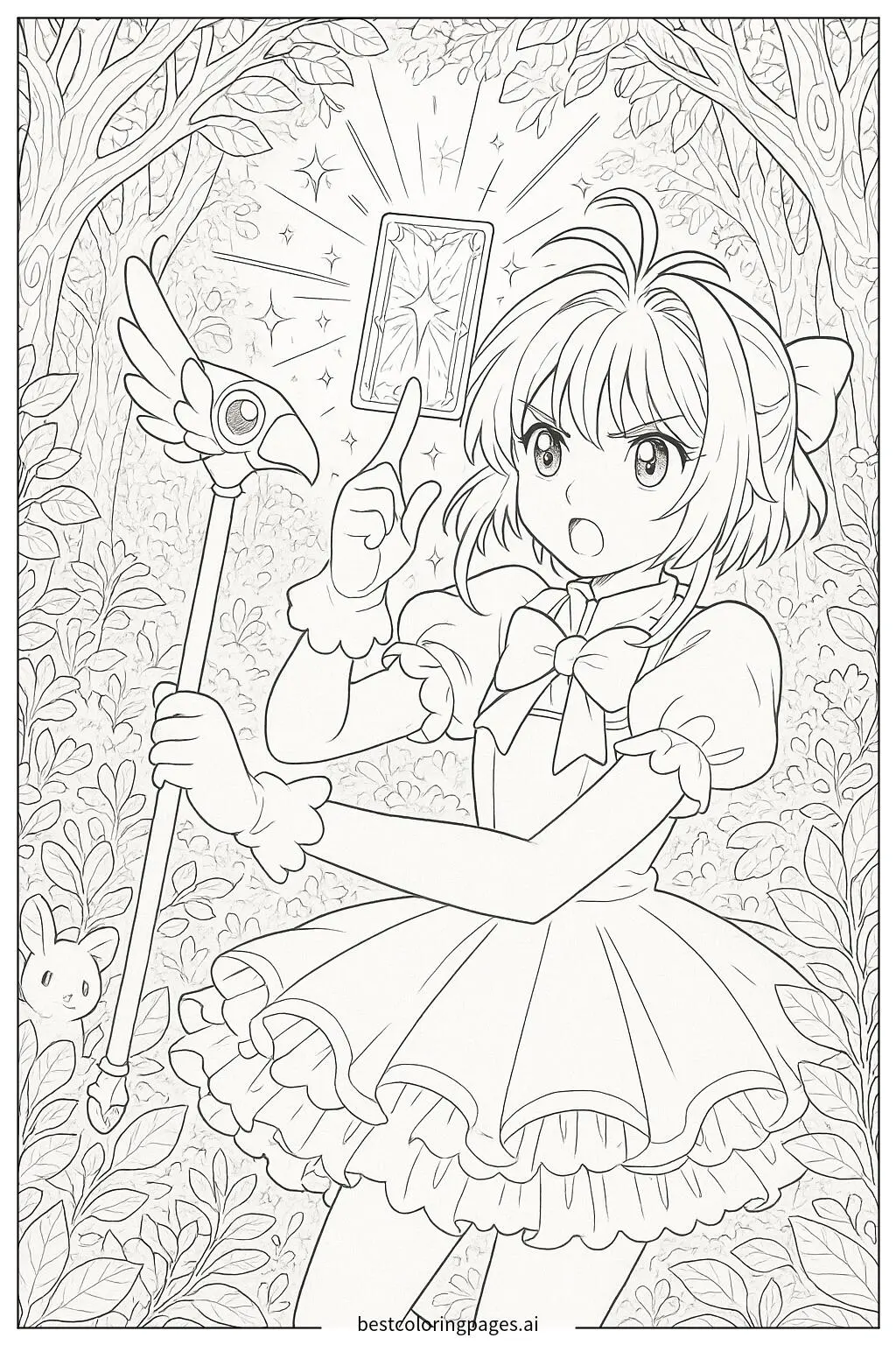 Sakura Capturing a Glowing Card in the Magical Forest