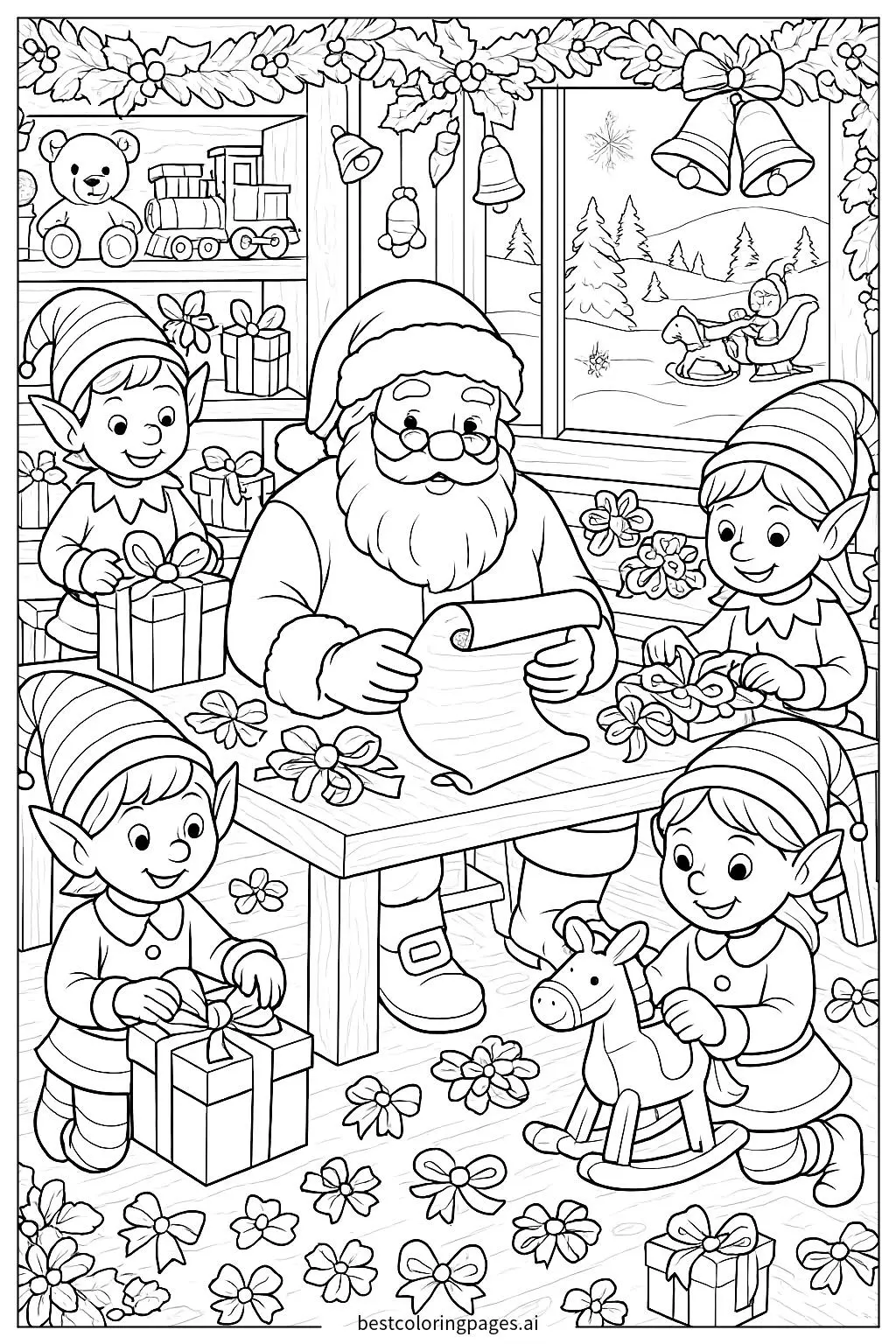 산타와 요정들이 작업장에서 선물을 준비하는 모습 색칠공부