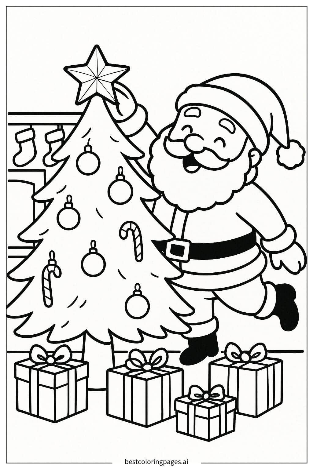 Santa Claus Decorating the Christmas Tree Coloring Page