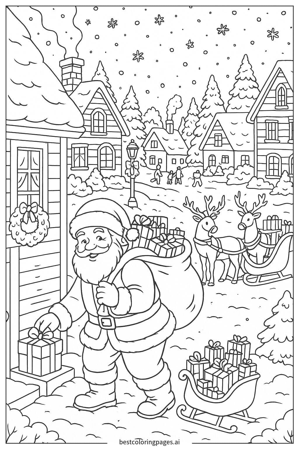 Santa Claus Delivering Presents in a Snowy Village