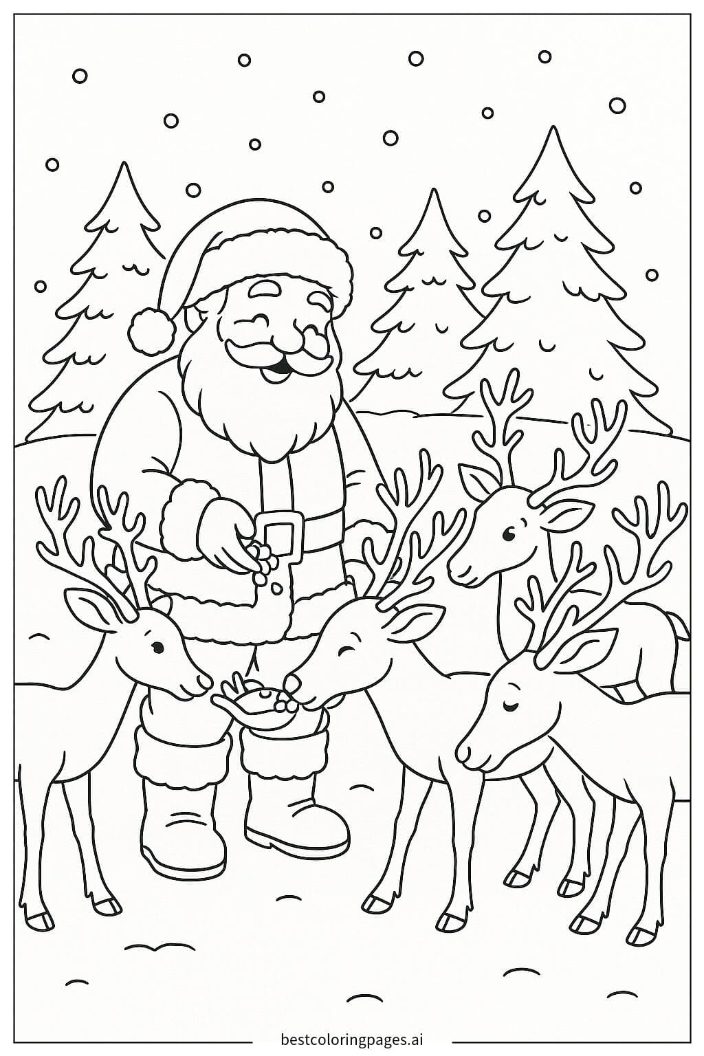 Santa Claus Feeding His Reindeer Coloring Page