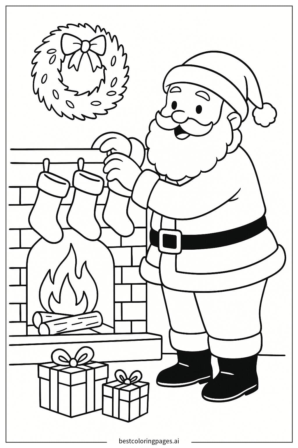Santa Claus Hanging Stockings by the Fireplace