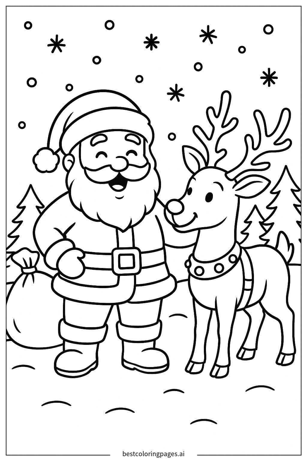 Santa Claus and His Reindeer Coloring Page