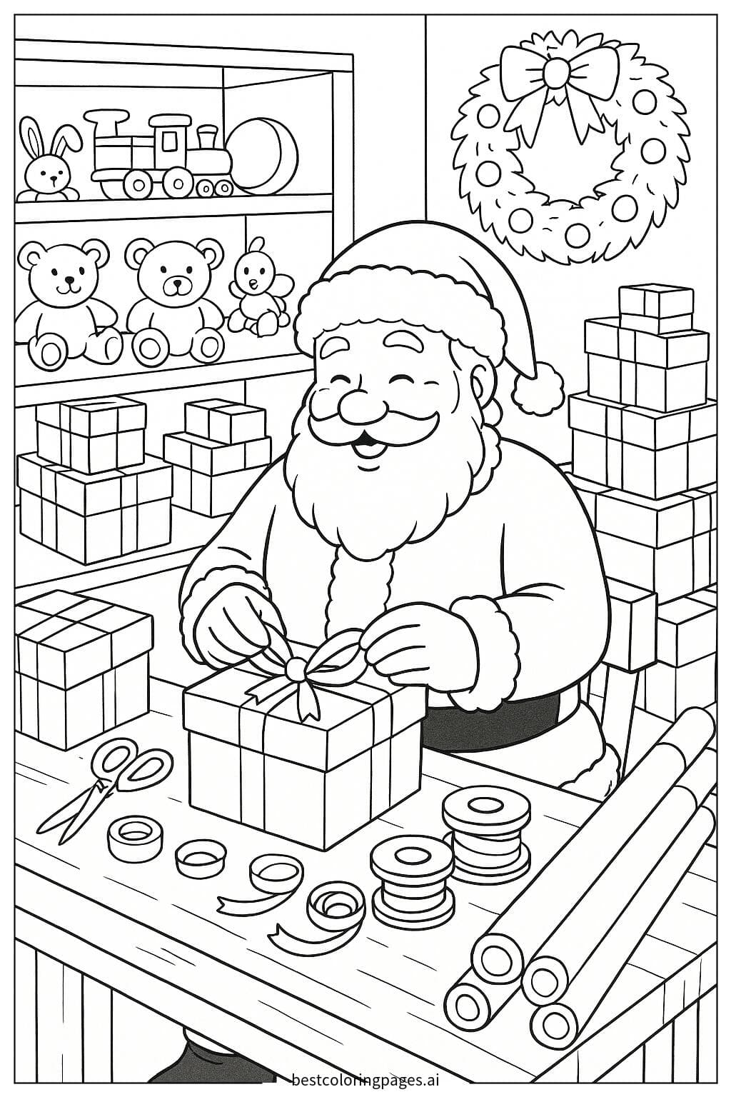 Santa Claus Wrapping Gifts in His Workshop