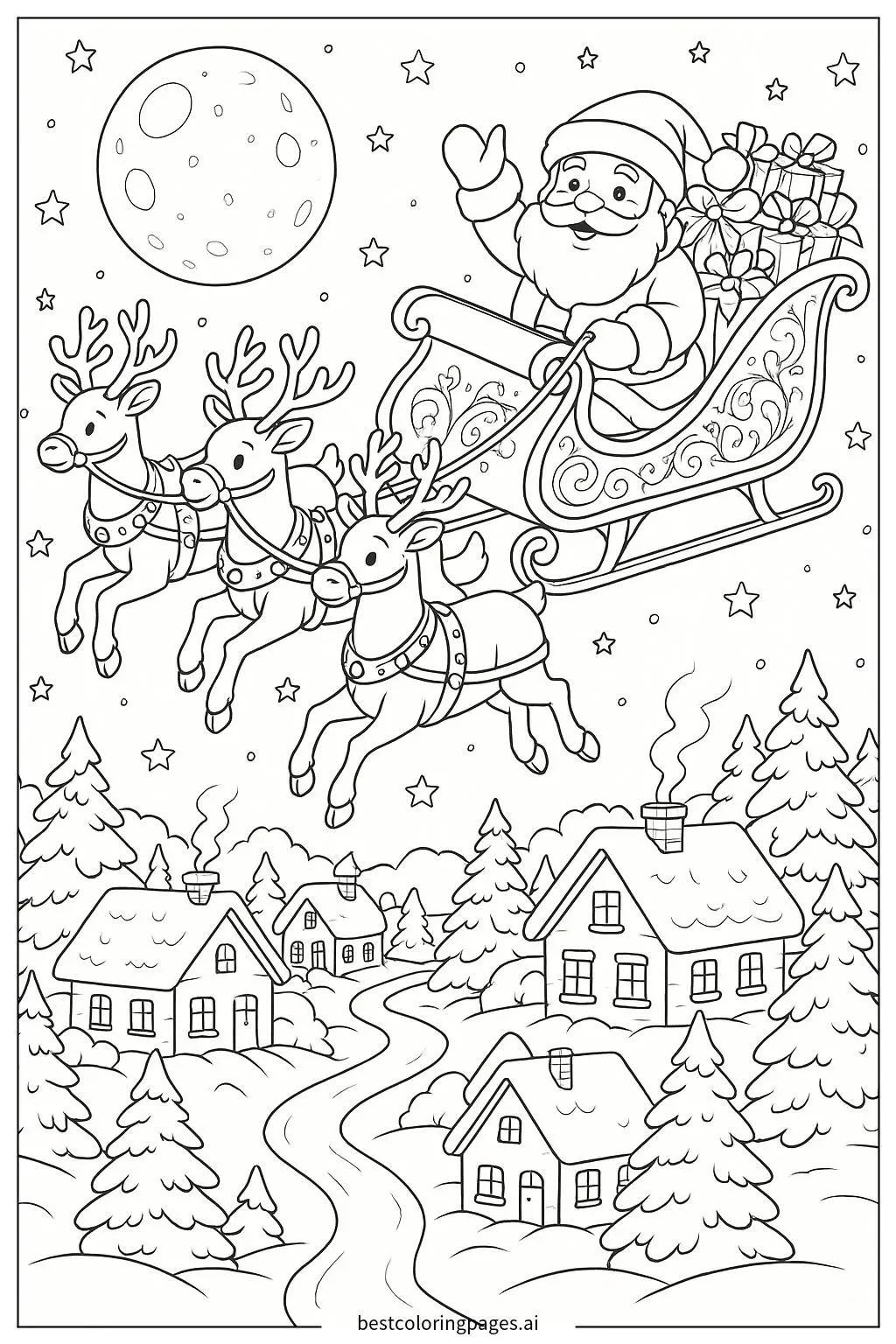 Papai Noel voando sobre uma vila nevada em seu trenó