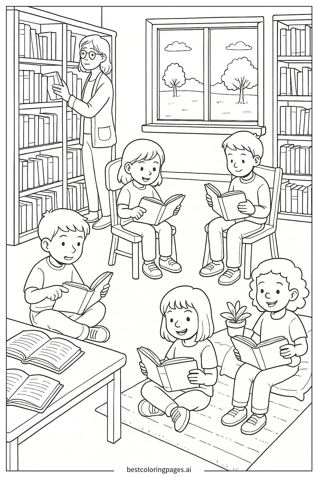 School Library with Children Reading Books Coloring Page