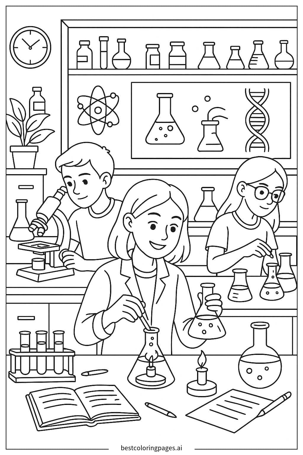 Desenhos de Laboratório de ciências com estudantes realizando experimentos para Colorir