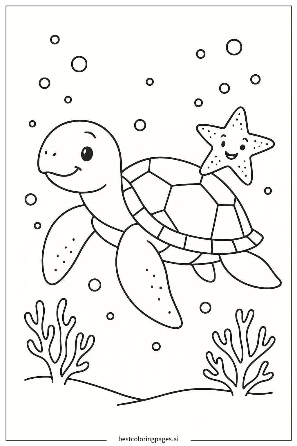 Sea Turtle and Starfish Adventure Coloring Page