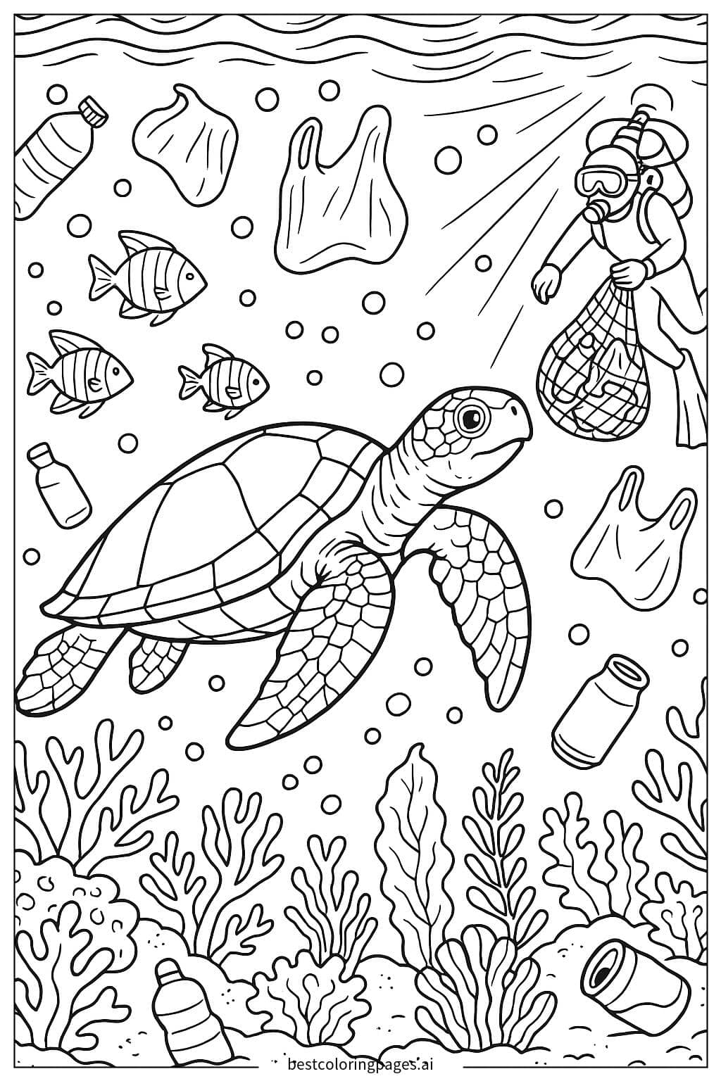Sea Turtles Helping Clean the Ocean Coloring Page