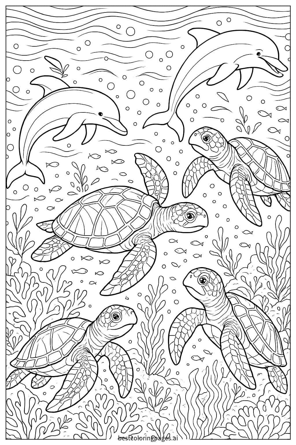 Sea Turtles Traveling with Dolphins Coloring Page