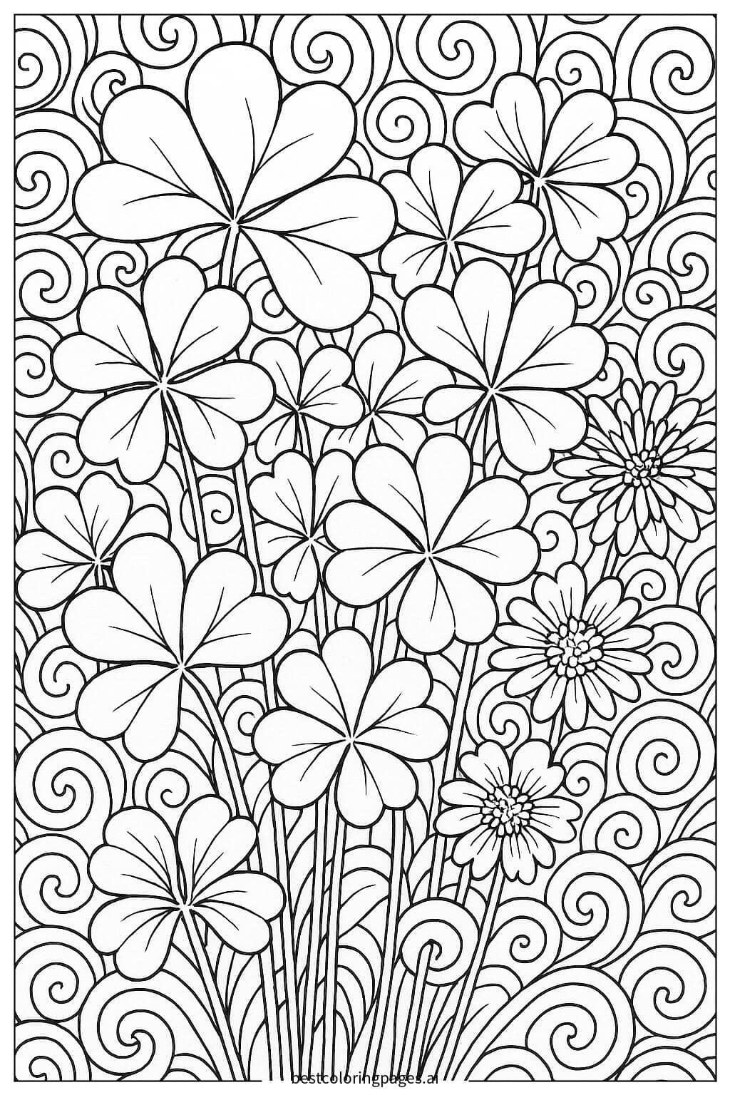 Shamrock Garden with Clovers and Flowers Coloring Page