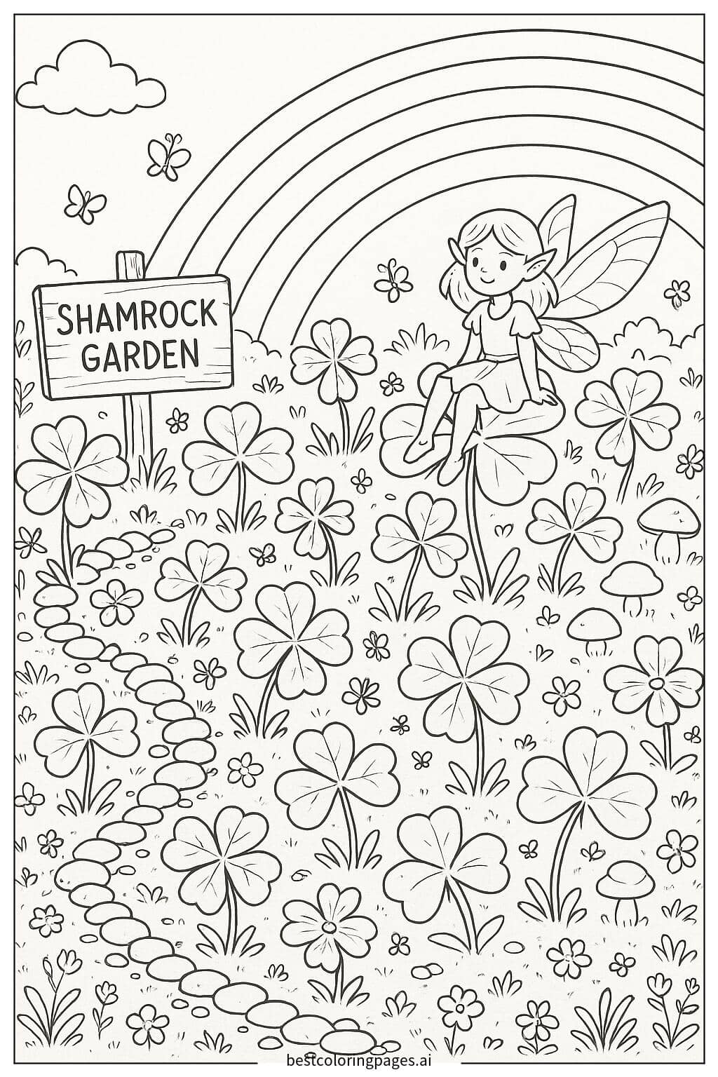 Shamrock Garden with a Rainbow Coloring Page