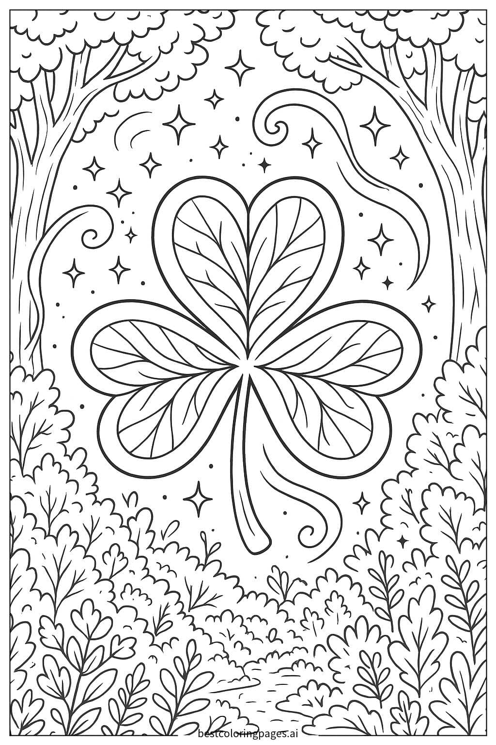 Shamrock in a Magical Forest with Sparkling Trails Coloring Page
