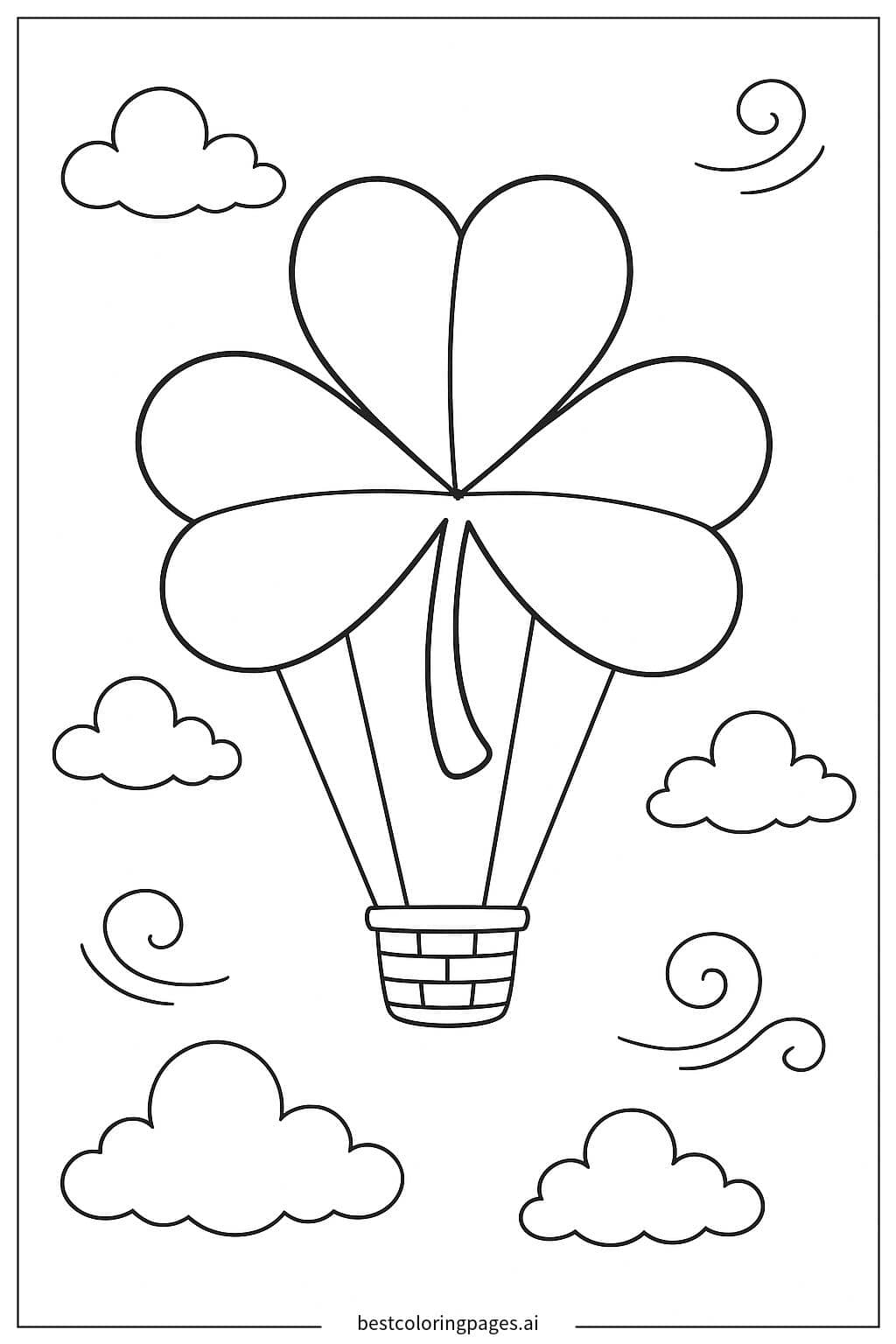 Shamrock Hot Air Balloon Soaring in the Sky Coloring Page
