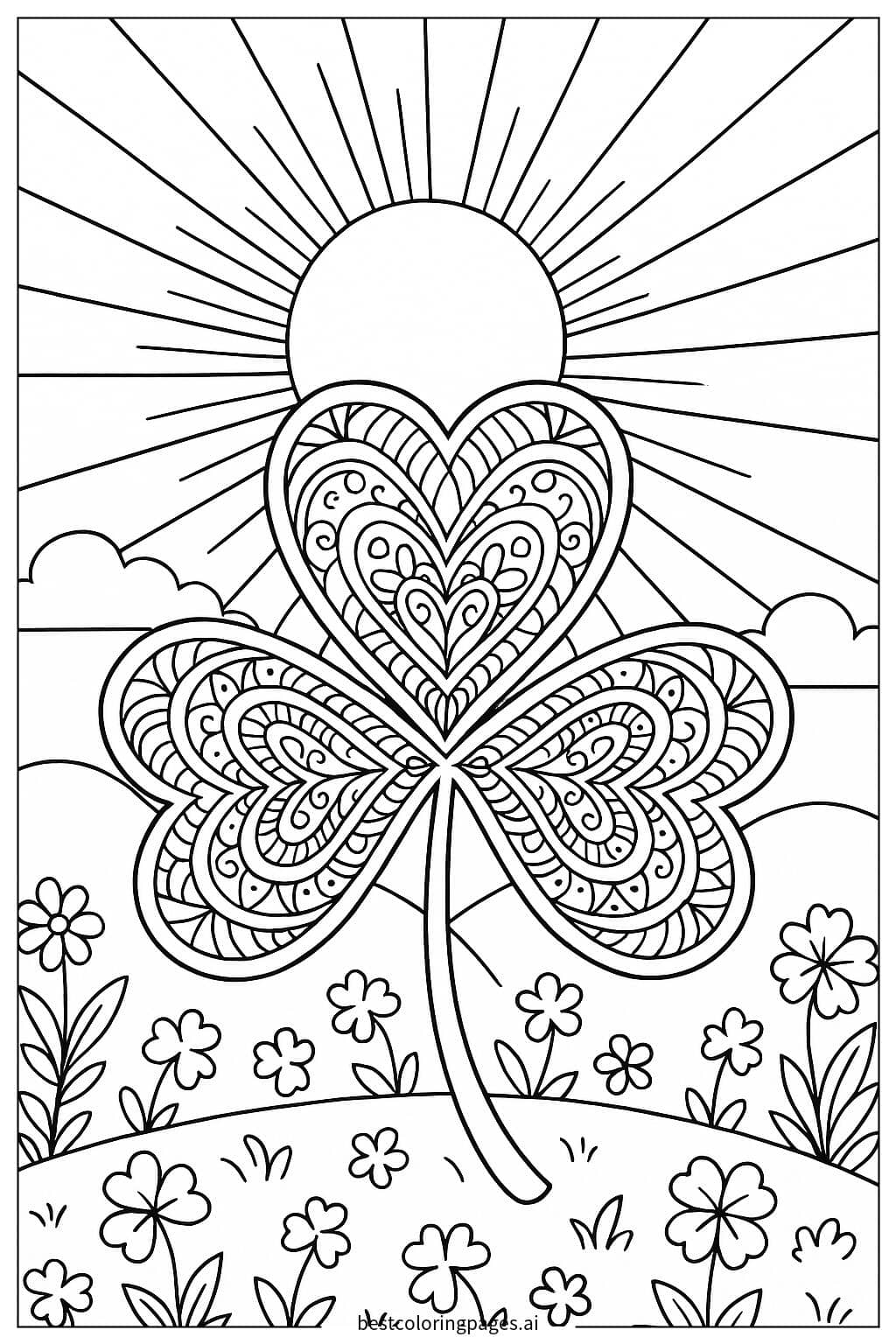 Shamrock Beneath a Glorious Sun with Intricate Rays Coloring Page