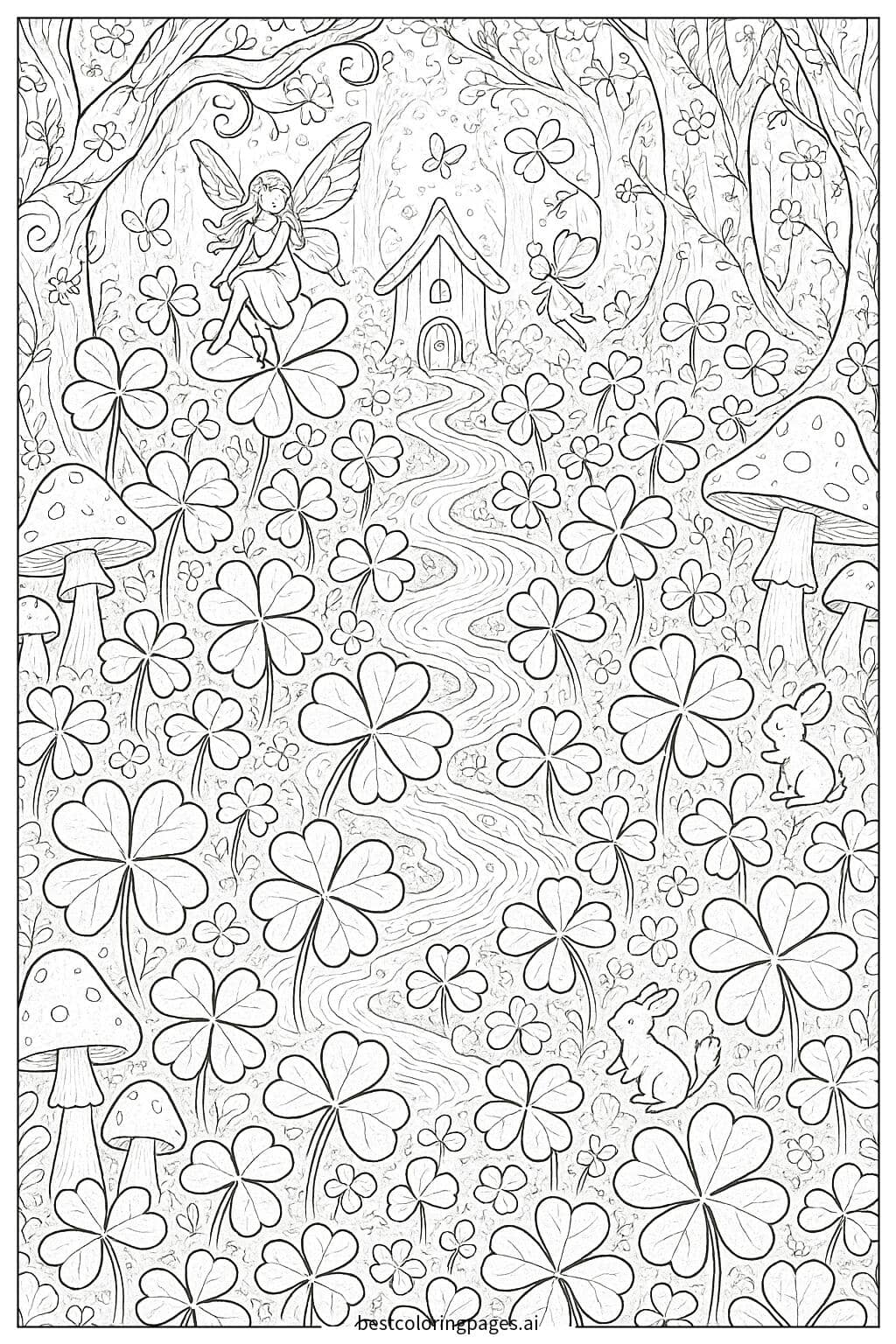 Shamrocks in a Magical Forest Coloring Page