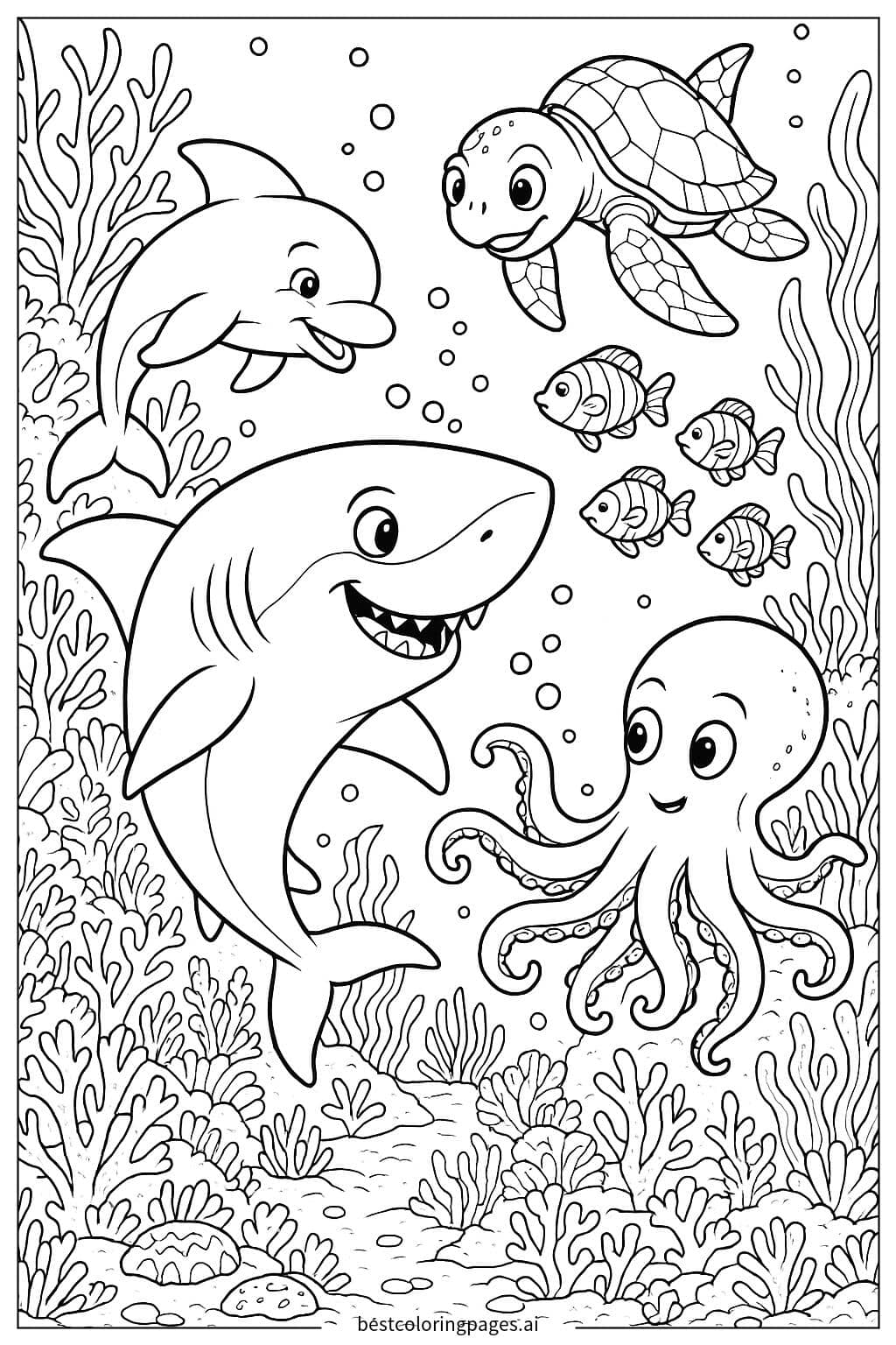 Shark Meeting a Group of Sea Creatures Coloring Page