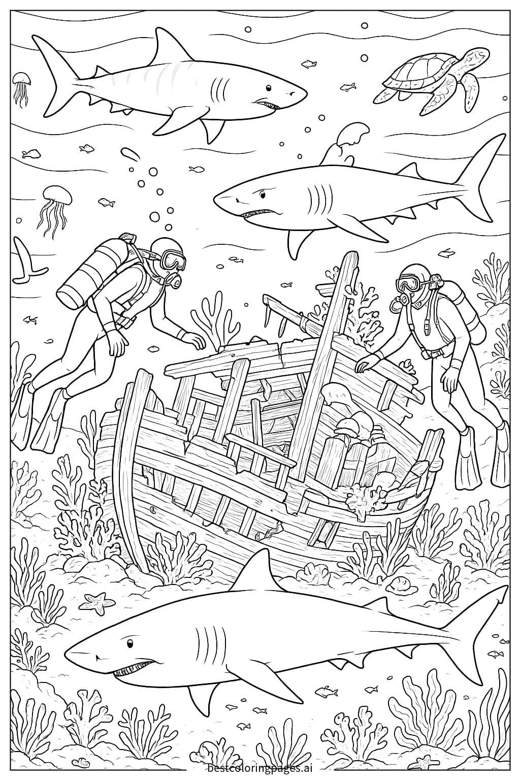 Sharks and Divers Exploring a Shipwreck Coloring Page